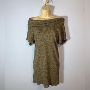 IZ BEYER Off-Shoulder cowl Knit mini Dress tunic short sleeve marled brown med